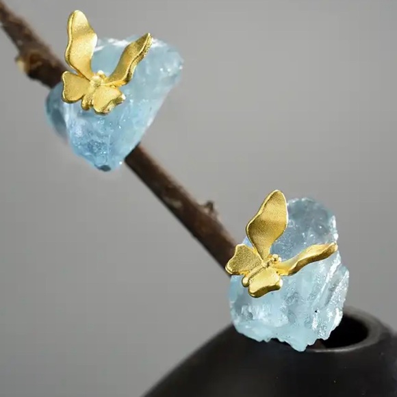 925 Silver Artisan Handmade Natural Aquamarine Butterfly The Zahir Earr… - Picture 7 of 13